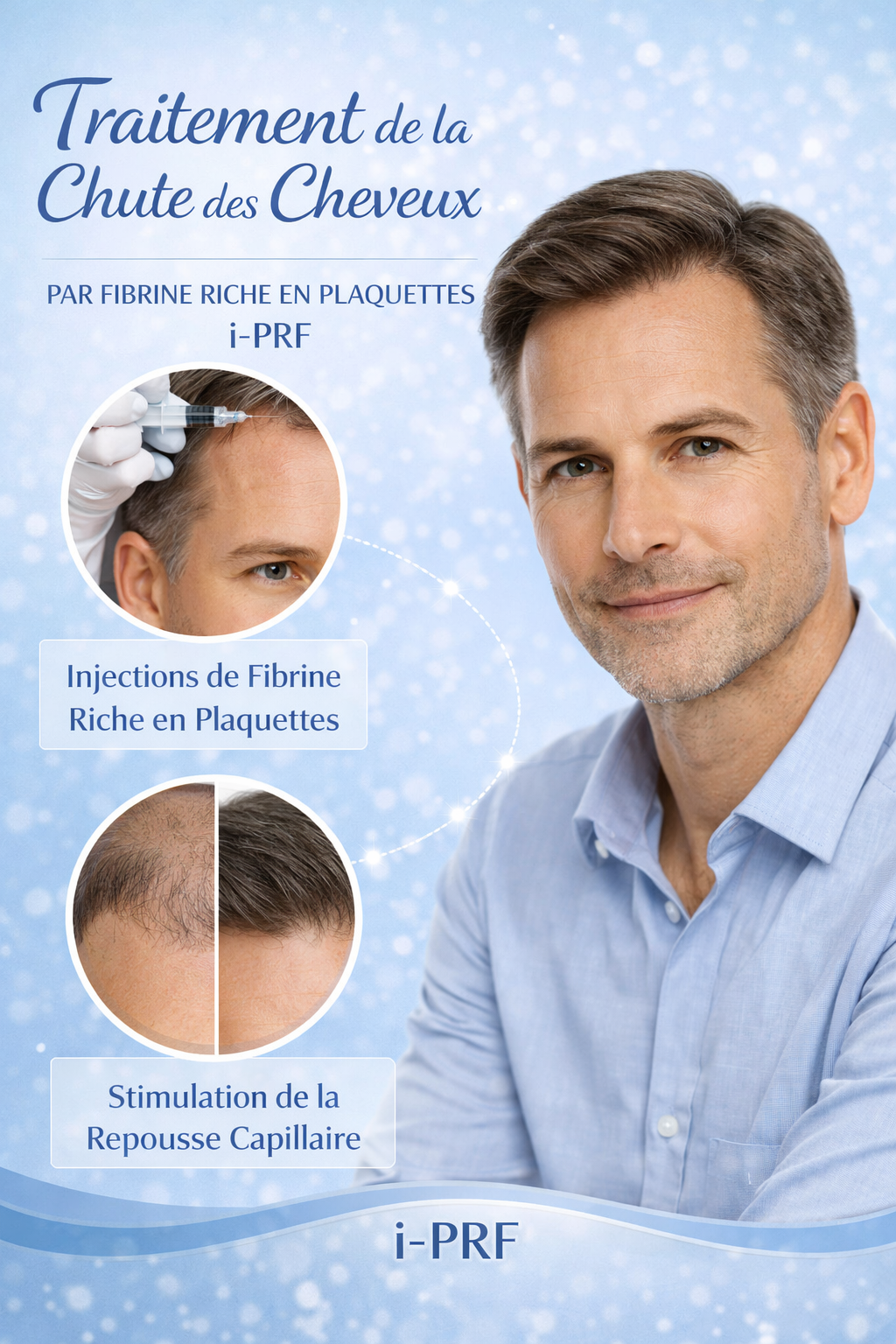 Traitement de la chute des cheveux par fibrine riche en plaquettes i-PRF, stimulation de la repousse capillaire