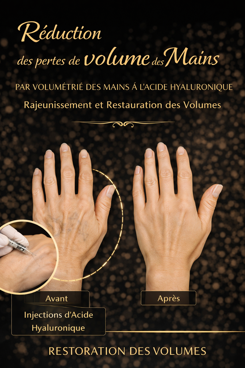 Réduction des pertes de volume des mains par volumétrie des mains à l’acide hyaluronique, rajeunissement et restauration des volumes