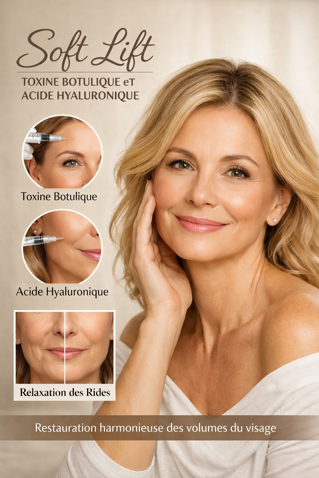 Soft lift, toxine botulique et acide hyaluronique, relaxation des rides et restauration harmonieuse des volumes du visage