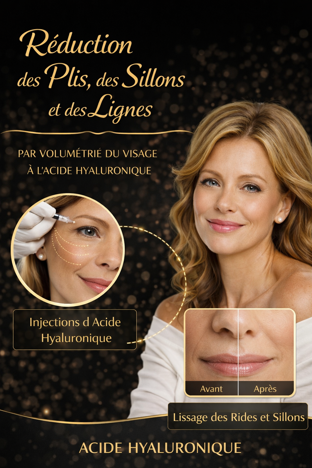 Réduction des plis, des sillons et des lignes par volumétrie du visage à l’acide hyaluronique