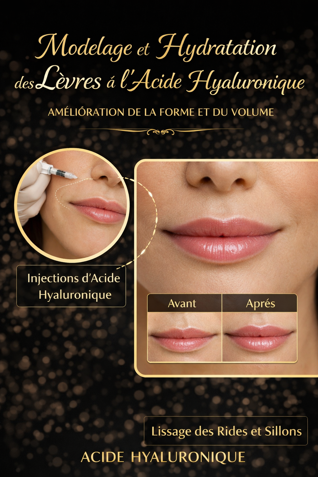 Modelage et hydratation des lèvres à l’acide hyaluronique, amélioration de la forme et du volume