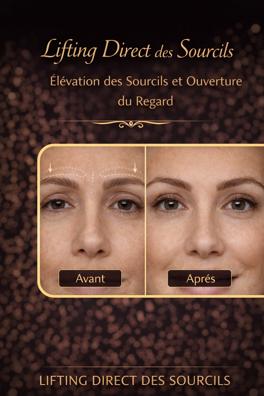 Lifting direct des sourcils, élévation des sourcils et ouverture du regard