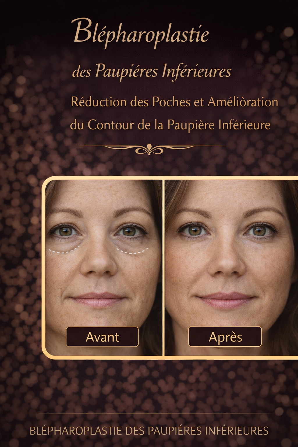 Blépharoplastie des paupières inférieures, réduction des poches et amélioration du contour de la paupière inférieure
