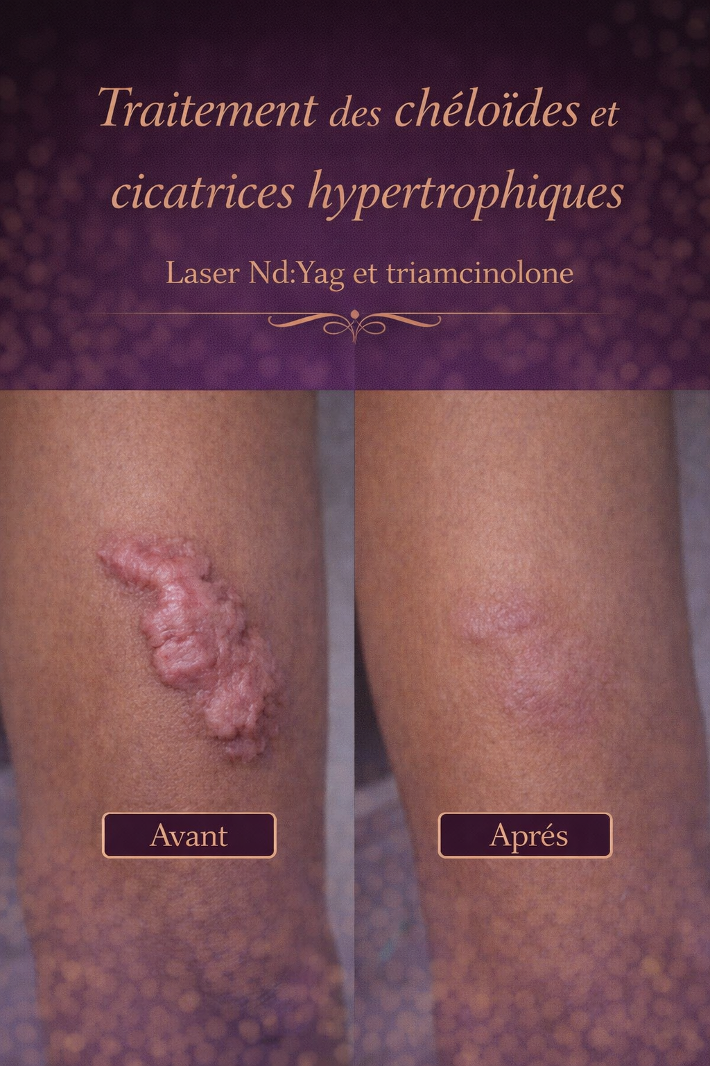 Traitement des chéloïdes et cicatrices hypertrophiques, thérapie combinée au laser Nd:Yag et triamcinolone, réduction de l’épaisseur et amélioration de l’aspect des cicatrices